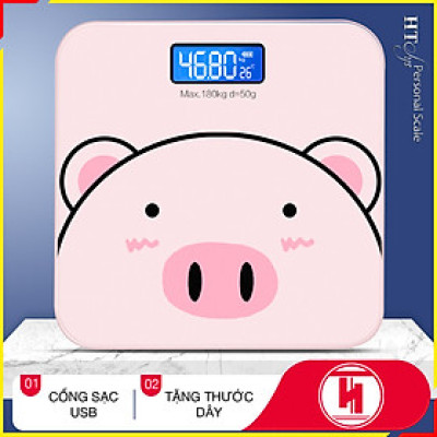 Cân điện tử sức khỏe HT SYS - 180KG-Cổng sạc USB - Hình Heo PiuPiu Hồng ( Tặng thước dây )