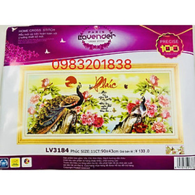 Tranh thêu chữ thập con công chữ phúc LV3184, tranh thêu 3D