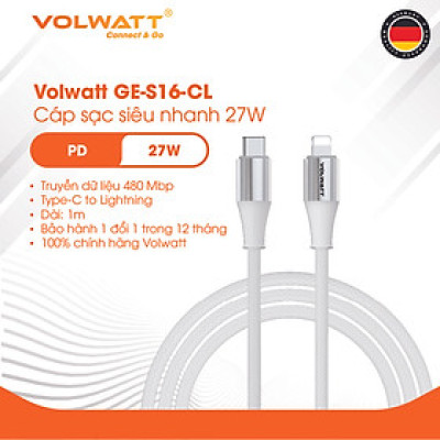 Cáp sạc nhanh Volwatt GE-S16-CL hàng chính hãng | Cáp Type-C to L 27W, đạt chuẩn MFi, tương thích iP14 trở xuống, dây bện | BH 12 tháng