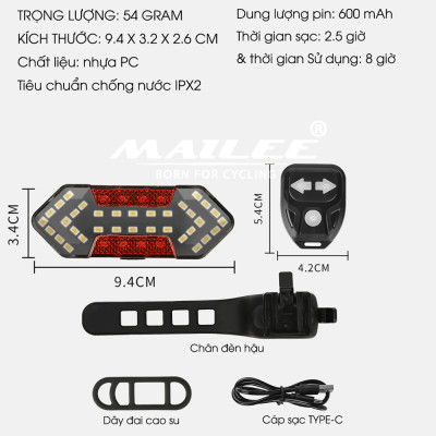 Đèn Xi Nhan Xe Đạp WR-2118 Điều Khiển Từ Xa, Sạc USB, dung lượng 600mAh, Chống Nước tiêu chuẩn IPX2, Đèn Hậu Độ Sáng Cao, Đèn Cảnh Báo An Toàn xe đạp, Năm Chế Độ sáng - Mai Lee