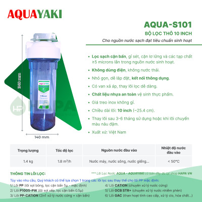 Cốc Lọc Thô 10 inch AQUAYAKI AQUA-S101 Cao Cấp Kèm Lõi, Bộ Lọc Nước Đầu Nguồn, Sinh Hoạt, Gia Đình - Hàng Chính Hãng
