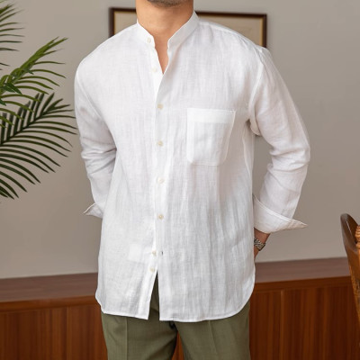 Áo sơ mi Linen dài tay nam cao cấp thiết kế cổ trụ phối cúc 1 túi ngực vải thoáng mát không bai gião MS05