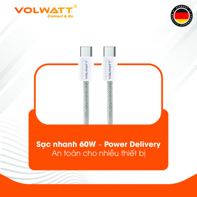 Cáp sạc nhanh 60W Volwatt GE-038-CC hàng chính hãng| Cáp Type-C to Type-C PD, truyền dữ liệu 480Mbps, 1m – BH 12 tháng
