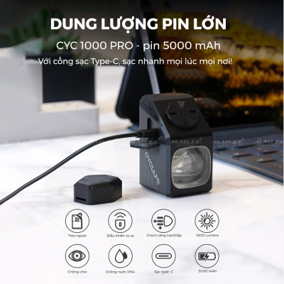 Đèn Xe Đạp Trước CYC-1000Pro độ sáng 1000 Lumens, pin dung lượng 5000 mAh, có remote điều khiển, sử dụng lên đến 12h tùy độ sáng, Chống Chói Đi Đêm Địa Hình Treo (Ko kèm pad đỡ ngược) - Mai Lee