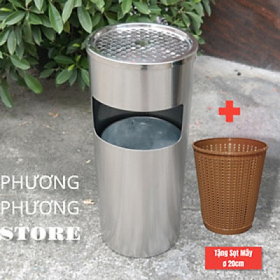 Thùng rác inox tròn, thùng rác inox gạt tàn tròn cao cấp ( Tặng sọt tròn mây )