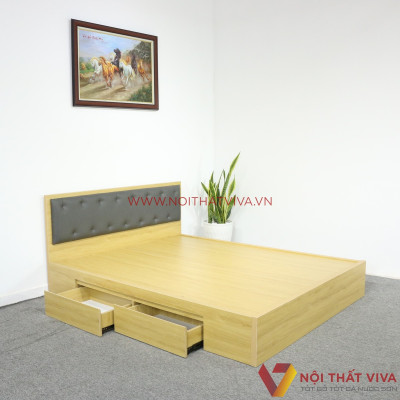 Giường Ngủ Gỗ MDF Melamine Màu Vàng Có Ngăn Kéo + Đầu Nệm Đen Đẹp