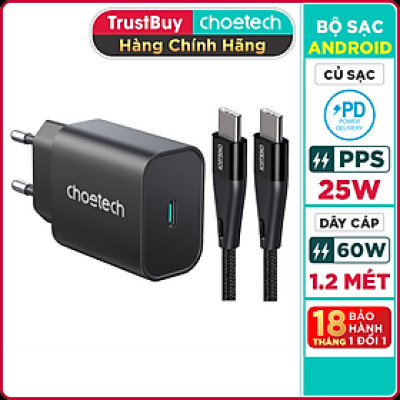 Combo Củ Sạc Nhanh PPS PD 25W CHOETECH PD6003 Và Cáp Type C 60W Dài 1.2m XCC-1003 Cho Điện Thoại Samsung, Oppo, Vivo, Xiaomi - Hàng Chính Hãng