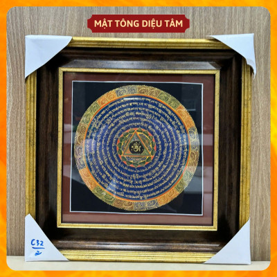 Tranh Mandala Chú Om Mani Padme Hum kèm khung 32cm Vẽ Tay Thủ Công Nepal Tranh chú lục tự chân ngôn Mật tông Diệu Tâm
