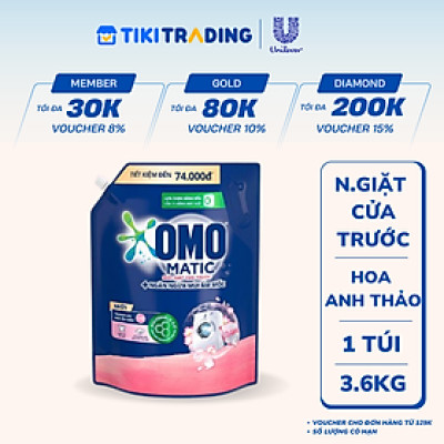 Túi Nước Giặt Omo Matic Cho Máy Giặt Cửa Trước Hương Hoa Anh Thảo Ngăn Mùi Ẩm Mốc 3.6KG