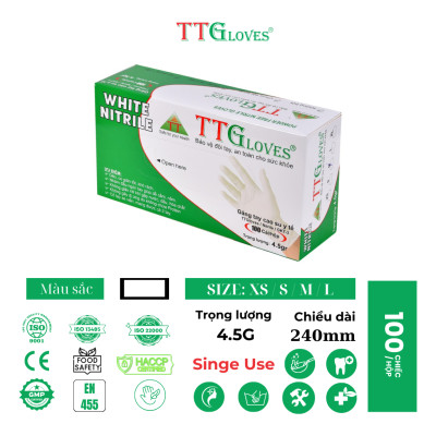 Găng Tay Y Tế Size S Không Bột Nitrile TTGLOVES Màu Trắng (100 Chiếc/hộp)