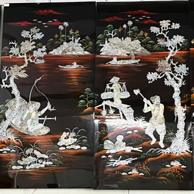 Bộ Tranh Sơn Mài 4 Tấm - NGƯ TIỀU CANH MỤC | Khảm Cừ Chìm Cao Cấp | Size 80x160 cm