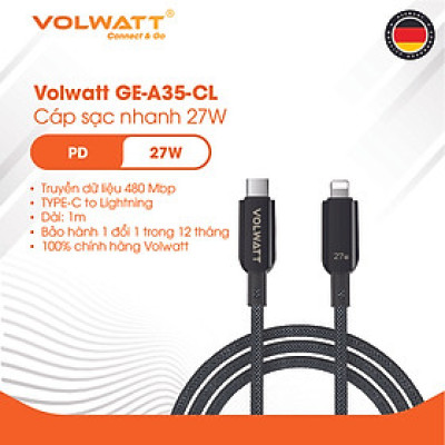 Cáp sạc nhanh 27W Volwatt GE-A35-CL hàng chính hãng| Cáp Type-C to L, có LED hiển thị công suất, dài 1.2m – BH 1 đổi 1