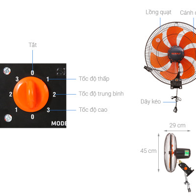 Quạt Treo Tường 2 Dây Senko TC1622 (65W) - Cam - Hàng Chính Hãng