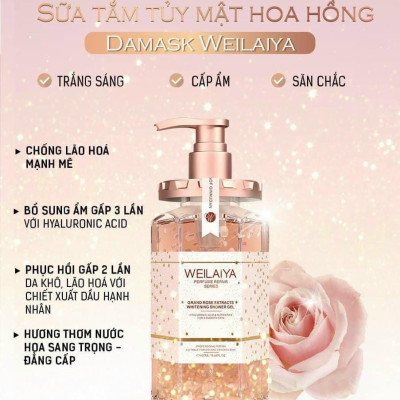 Combo 2 chai Sữa tắm trắng da cánh hoa hồng Damask Weilaiya Grand Rose Extracts Whitening Shower Gel 450ml tặng 1 Bông tắm Weilaiya