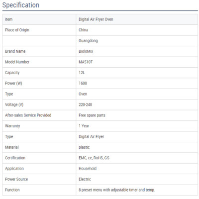 Nồi chiên không dầu điện tử dung tích lớn 12 Lít Biolomix MA510T 1600W - HÀNG NHẬP KHẨU