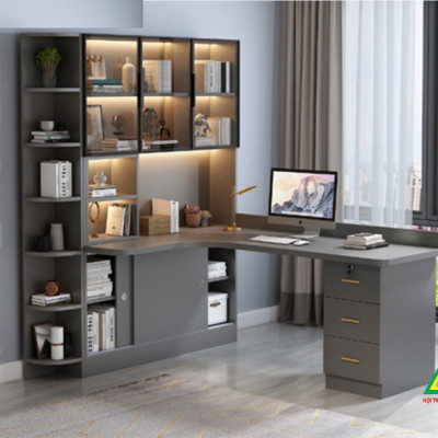 BÀN HỌC – BÀN LÀM VIỆC LIỀN KỆ GỖ MDF TỦ CÁNH KÍNH CÓ ĐÈN LED BLV402 - NỘI THẤT LẮP RÁP VIENDONGADV