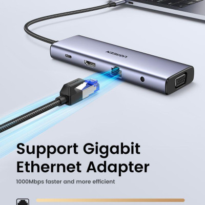 Ugreen UG15601CM498TK USB type C sang 1 x HDMI 4K30hz + 1 x VGA xuất cùng lúc + 1 x RJ45 1Gbps + TF + SD + 3 x USB 3.0 + 1 x 3.5mm NO MIC + 1 x USB-C PD 100W Bộ chuyển 10in1 - HÀNG CHÍNH HÃNG