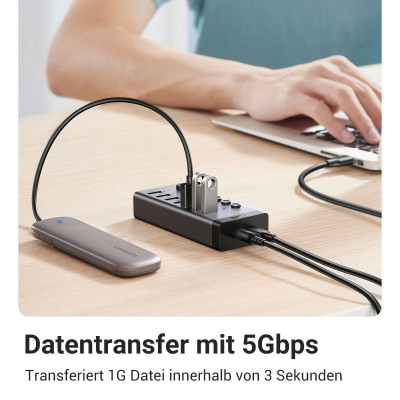 Ugreen UG90307CM481TK hub ra 7 cổng USB 3.0 + Adapter 12v-2A có hỗ trợ truyền dữ liệu và sạc có kèm dây USB type C chuẩn cắm EU chân tròn Bộ chia Màu Xám - HÀNG CHÍNH HÃNG