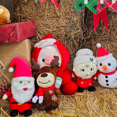 Thú nhồi bông heo cosplay đội nón - Size 35cm - Quà tặng gấu bông heo ôm bình sữa màu đỏ đáng yêu.