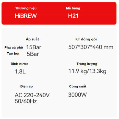 Máy pha cà phê Espresso, Cappuccino, Latte - Dòng chuyên nghiệp. Thương hiệu Mỹ cao cấp HiBREW - H21. HÀNG CHÍNH HÃNG