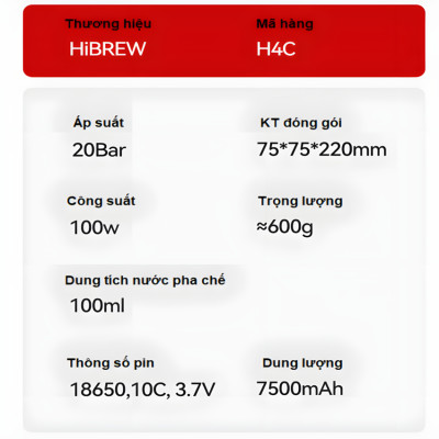 Máy pha cà phê cầm tay chuyên nghiệp Espresso 3 trong 1, dùng pin có thể pha cả nóng và lạnh HiBREW H4C - Hàng Chính Hãng