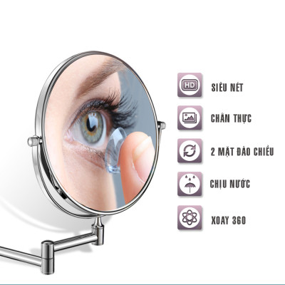 Gương trang điểm phóng đại 3 lần, xoay 360 độ, 2 mặt siêu nét, treo tường phòng tắm, phòng ngủ, Khách sạn, resort, Inox SUS 304, Size 15cm, 18cm, 20cm, Minh House