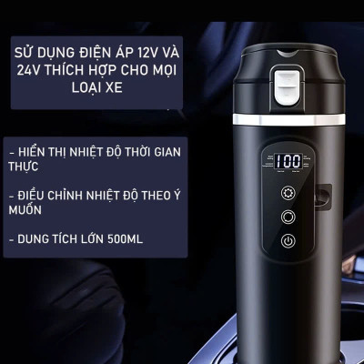 Bình Đun Nước Xe Hơi 12V/24V 500ML SUS304 4 Chế Độ Nhiệt Tự Ngắt Khi Sôi Dùng Cho Xe Tải Xe Khách Đường Dài