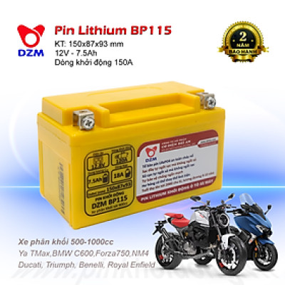 Pin khởi động Xe máy Mô tô DZM BP115, Tuổi thọ 8-10 năm | Thay Ắc quy chì | Pin Lithium LifePO4 | 12V - 7.5Ah - 150A | Phù hợp với các dòng xe phân khối 500cc-1000cc