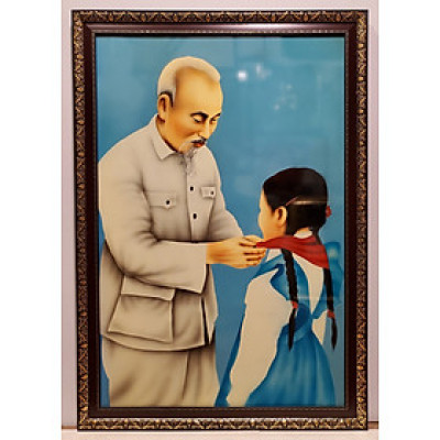 Tranh sơn mài- Bác Hồ quàng khăn đỏ cho học sinh