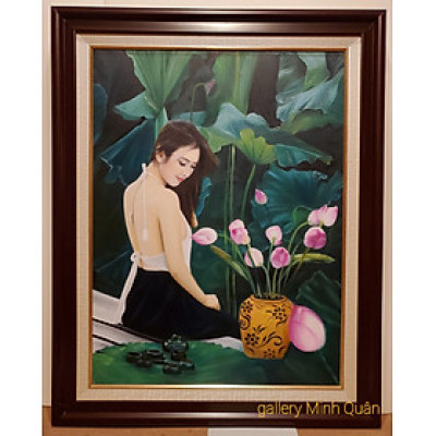 Tranh vẽ sơn dầu nghệ thuật " Thiếu nữ bên bình hoa sen"