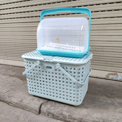 Combo kệ úp bình sữa và Giỏ đựng đồ cho Mẹ đi sinh bằng nhựa cao cấp quai giữa có nắp đậy HOKORI - Nhiều Màu (tặng bộ chổi vệ sinh có nam châm hít từ )