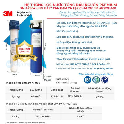 Máy Lọc Nước Đầu Nguồn 3M AP904 PREMIUM Lọc Tổng Sinh Hoạt Gia Đình, Căn Hộ, Chung Cư, Nhà Phố, Biệt Thự - Hàng Chính Hãng 3M Mỹ
