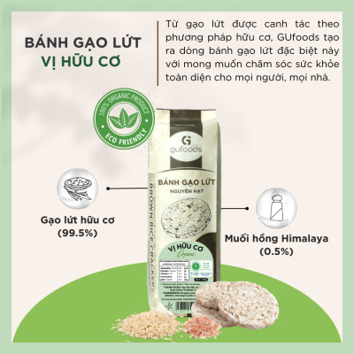 Bánh gạo lứt Hữu cơ GUfoods - Thành phần gạo lứt organic, Không đường, Không chiên dầu, Lành mạnh, Phù hợp Eat clean, Ăn vặt healthy, Thực dưỡng, Tập gym, Thuần chay
