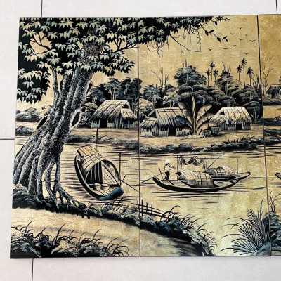 Bộ Tranh sơn mài - ĐỒNG QUÊ VIỆT NAM - Size 60x120 cm - Nền dát vàng cao cấp