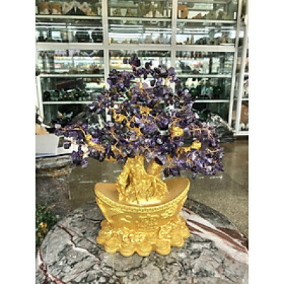 Cây Tài Lộc phong thủy đá thạch anh tím với đế hình thỏi vàng để bàn làm việc, bàn thờ thần tài - Cao 30 cm