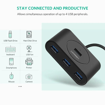 Ugreen UG20290CR113TK 50CM màu Đen Bộ chia HUB USB 3.0 sang 4 USB 3.0 hỗ trợ nguồn 5V - HÀNG CHÍNH HÃNG