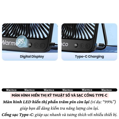 Quạt để bàn / treo đa năng turbo siêu mỏng 20.000 mAh, đèn led chiếu sáng 4 cấp độ gió,dùng làm Pin sạc dự phòng cho iphone ipad điện thoại hiệu Warmco D4 - Gió Mạnh, Êm Ái,hạn chế tiếng ồn, tích điện sạc cắm trại, du lịch, gia đình - Hàng nhập khẩu