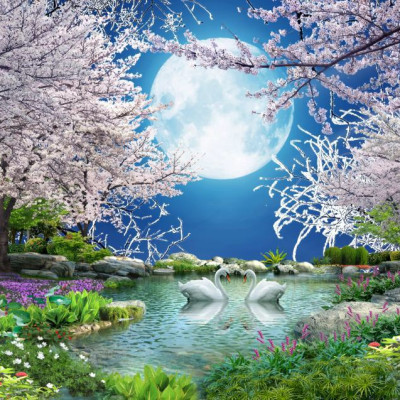 Tranh dán tường 3D phong cảnh đêm ánh trăng tuyệt đẹp