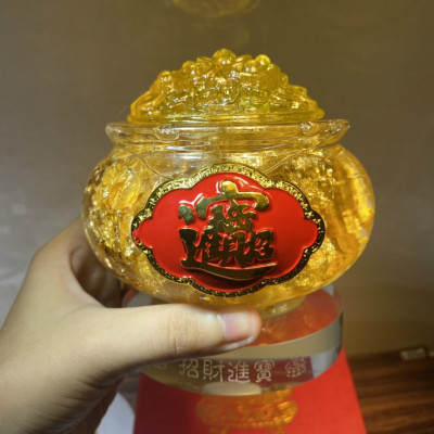 Bát Tụ Bảo vàng lá Thần Tài đế thủy tinh 12cm phong thủy - sung túc chiêu Tài đón Lộc