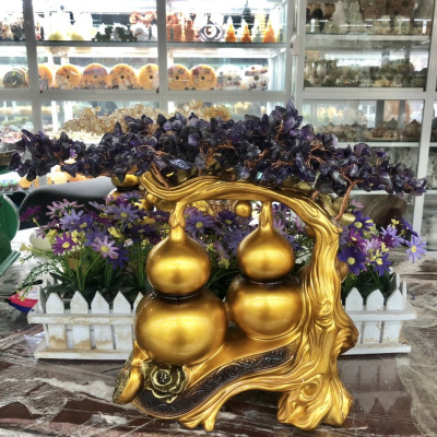 Cây tài lộc bầu hồ lô phong thủy đá thạch anh tím trang trí bàn thờ thần tài, bàn làm việc - Cao 34 cm