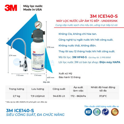 [SIÊU TỐC] Máy Lọc Nước 3M ICE140-S cho Gia Đình, Văn Phòng, Nhà Hàng, Quán Cà phê - Hàng Chính Hãng 3M, Nhập Khẩu Mỹ