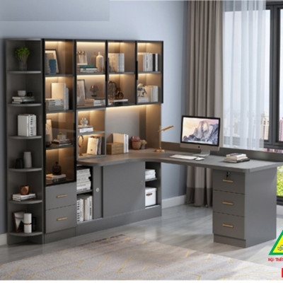 BÀN HỌC – BÀN LÀM VIỆC LIỀN KỆ GỖ MDF TỦ CÁNH KÍNH CÓ ĐÈN LED BLV402 - NỘI THẤT LẮP RÁP VIENDONGADV