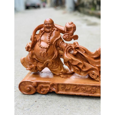 Tượng di lặc gỗ kéo bao thần tài - bằng gỗ hương đá kt 50×30×15cm