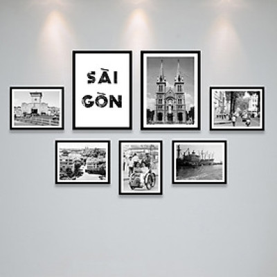 Bộ Khung Ảnh Treo Tường Sài Gòn Xưa Trắng Đen Nghệ Thuật Tặng Kèm bộ ảnh như hình mẫu, đinh treo tranh và sơ đồ treo - PGC292