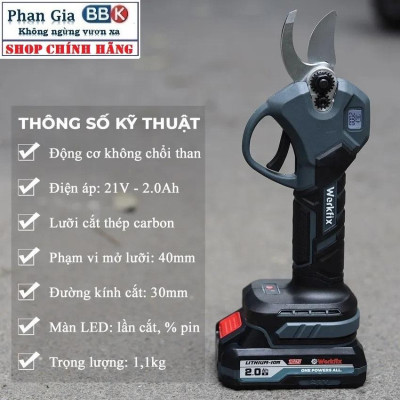 Kéo cắt cành dùng pin Work fix -CP30BL - Màn hình led báo % Pin -Công tắc bóp - Động cơ không chổi than 100% Lõi Đồng
