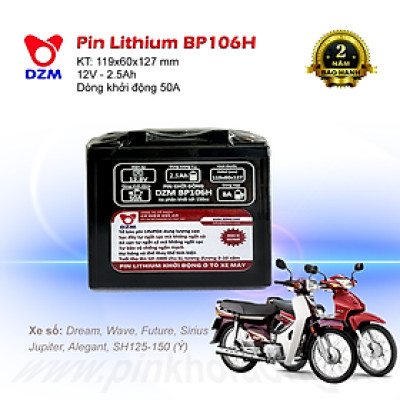 Pin khởi động Xe máy DZM BP106H | Tuổi thọ 8-10 năm | Thay Ắc quy chì | Pin Lithium LifePO4 | 12V - 2.5Ah - 50A 