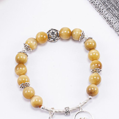 Vòng Tay Phong Thủy Nữ Đá Mắt Hổ Vàng Tâm Phối Charm Hoa Sen Bạc (8mm) Mệnh Thổ, Kim Ngọc Quý Gemstones