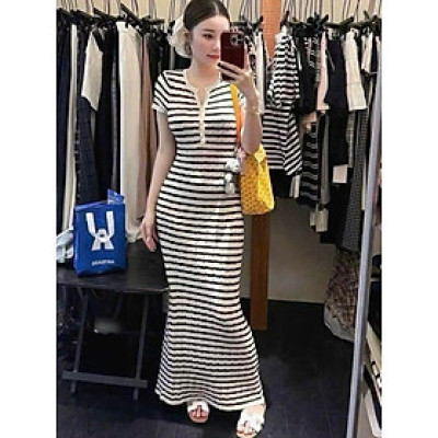 Váy Body Len Dài Kẻ Sọc Ôm Dáng Tôn Eo Sang Xinh