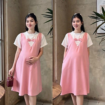 Đầm bầu yếm liền công sở cổ bèo tim đính nơ chất cotton lạnh mềm mịn dễ thương