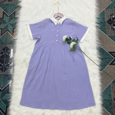 Đầm bầu babydoll đũi gân cổ sơ mi thanh lịch, phối màu bầu diện dễ thương